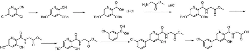 Prior art synthesis route showing complex 7-step sequence with low yield