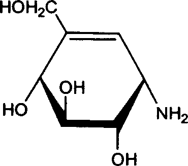 Chemical structure of Valienamine showing the cyclohexene ring with amino and hydroxyl groups