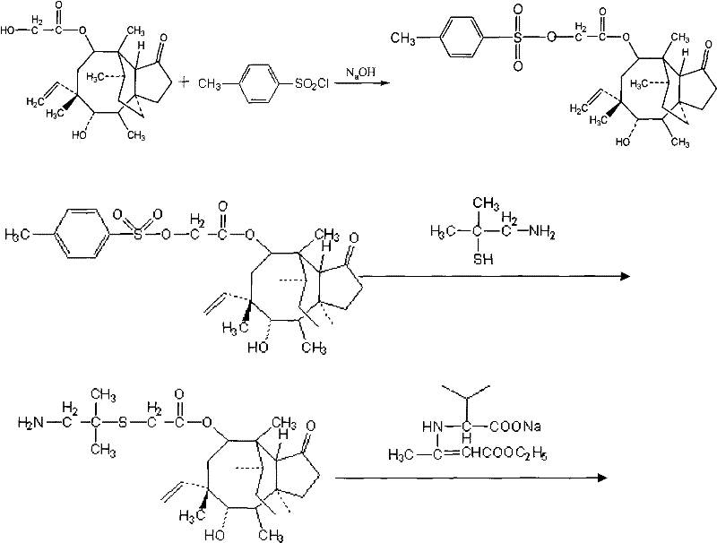Detailed reaction mechanism showing the coupling of the valine derivative with the pleuromutilin intermediate to form Valnemulin