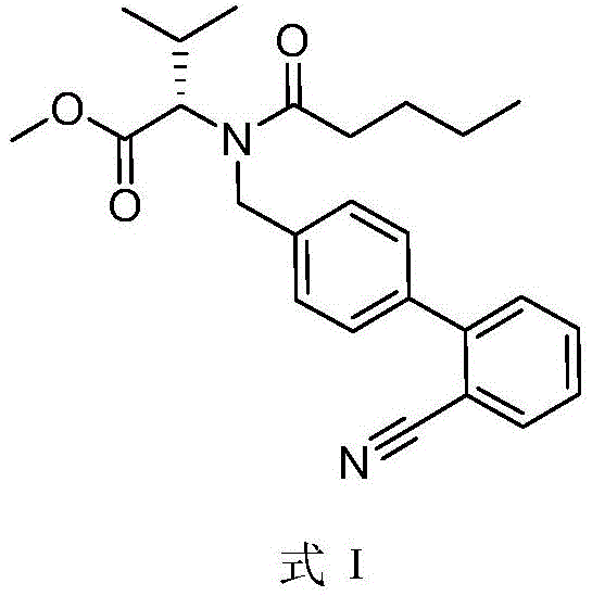 Chemical structure of N-[(2'-cyanobiphenyl-4-yl)methyl]-N-(1-oxo-pentyl)-L-valine methyl ester (Formula I)