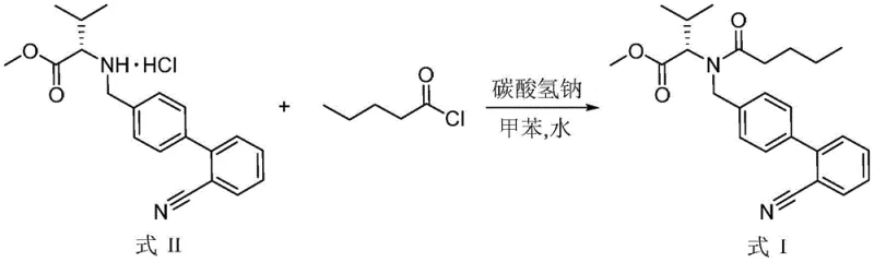 Reaction scheme showing the acylation of Formula II with n-valeryl chloride to form Formula I