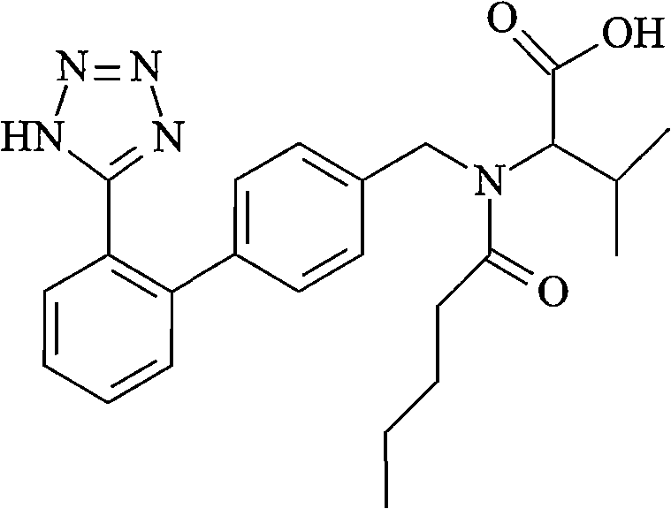 Chemical structure of Valsartan showing the biphenyl tetrazole and valine moieties targeted for purification