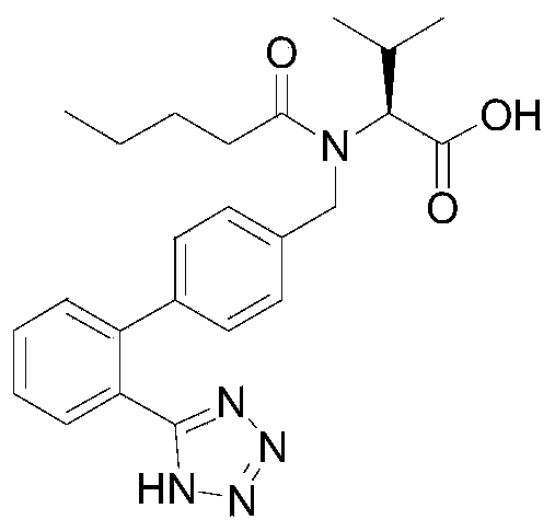 Chemical structure of Valsartan showing the biphenyl tetrazole moiety and valine side chain