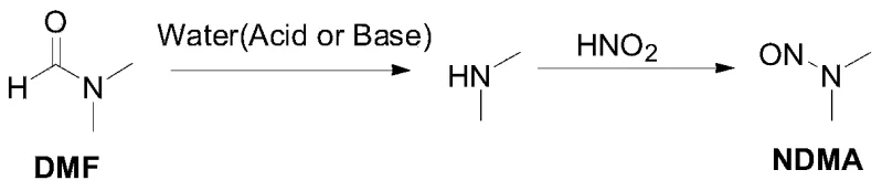 Reaction mechanism showing DMF hydrolysis to dimethylamine and subsequent nitrosation to NDMA