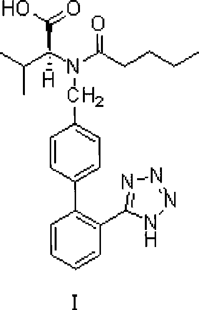 Chemical structure of Valsartan showing the biphenyl tetrazole moiety and valine backbone