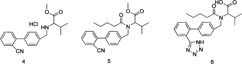 Chemical structures of Valsartan intermediates and final product showing the progression from amine salt to acylated intermediate and final API