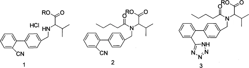 General reaction scheme for Valsartan synthesis showing variable R groups and the transformation from compound 1 to compound 3