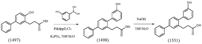 Suzuki coupling of triflate 1497 with 3-hydroxyphenylboronic acid to form terphenyl ester 1498 and subsequent hydrolysis