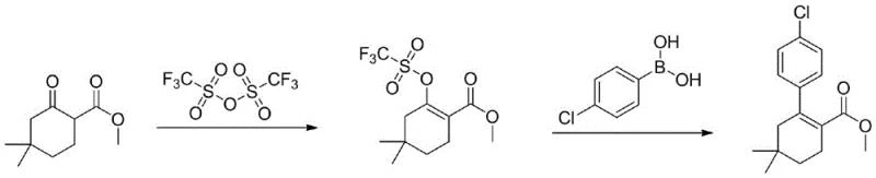 Conventional synthesis route using trifluoromethanesulfonic anhydride and Suzuki coupling