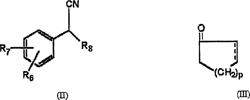 General reaction scheme showing the coupling of phenylacetonitrile derivative (Formula II) with cycloalkanone (Formula III) to form cyclohexanol derivatives