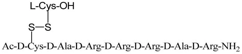 Chemical structure of Vilacatide showing the D-amino acid backbone and L-Cysteine disulfide linkage