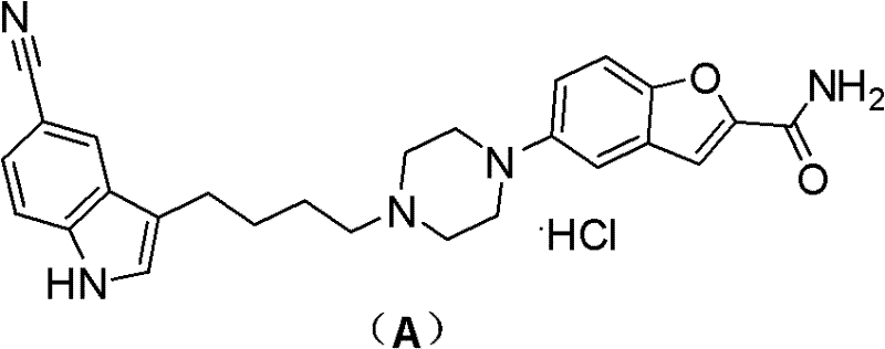 Chemical structure of Vilazodone Hydrochloride showing the indole and benzofuran moieties linked by a piperazine-butyl chain