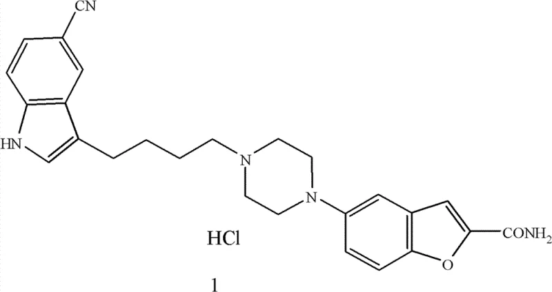 Chemical structure of Vilazodone hydrochloride showing the benzofuran and cyano-indole moieties linked by a piperazine chain