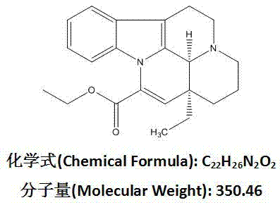 Chemical structure of Vinpocetine showing the ethyl ester and unsaturated bond configuration