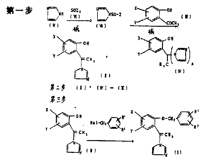Complete three-step reaction sequence from acetophenone to final vinylimidazole derivative