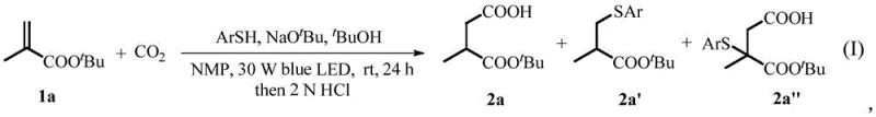General reaction scheme for the synthesis of succinic acid derivatives from acrylates and CO2 using visible light and thiophenol