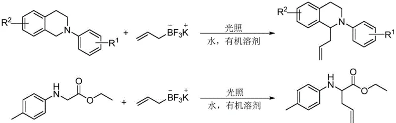 General reaction scheme showing visible light promoted allylation of N-aryl tetrahydroisoquinolines with allyl trifluoroborate