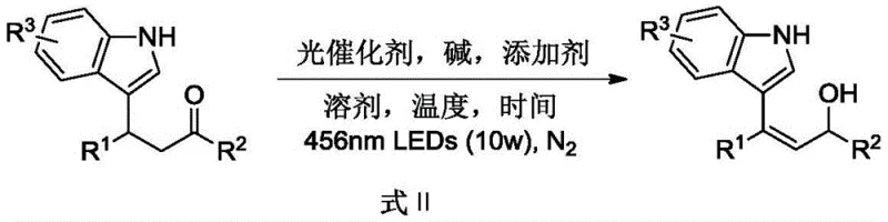 General reaction scheme for visible light mediated synthesis of indole allyl alcohol compounds showing substrate conversion to product Formula I