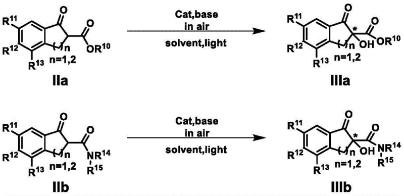 Reaction scheme showing the asymmetric alpha-hydroxylation of beta-dicarbonyl compounds IIa and IIb to form chiral products IIIa and IIIb using molecular oxygen