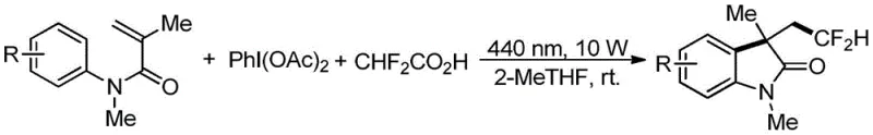 General reaction scheme showing the synthesis of 3-methyl-3-difluoroethyl-2-oxindole from N-aryl acrylamide derivatives using visible light