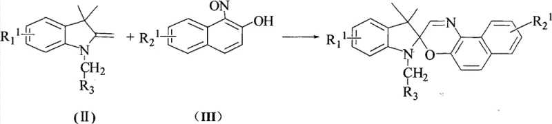 Cyclization reaction scheme showing the formation of spirooxazine core from indoline and nitroso-naphthol intermediates