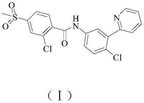 Chemical structure of Vismodegib (Formula I) showing the chloro-pyridine and methylsulfonyl-benzamide moieties
