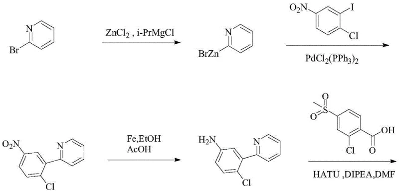 Prior art Synthesis Scheme 1 utilizing unstable organic zinc reagents and palladium catalysis