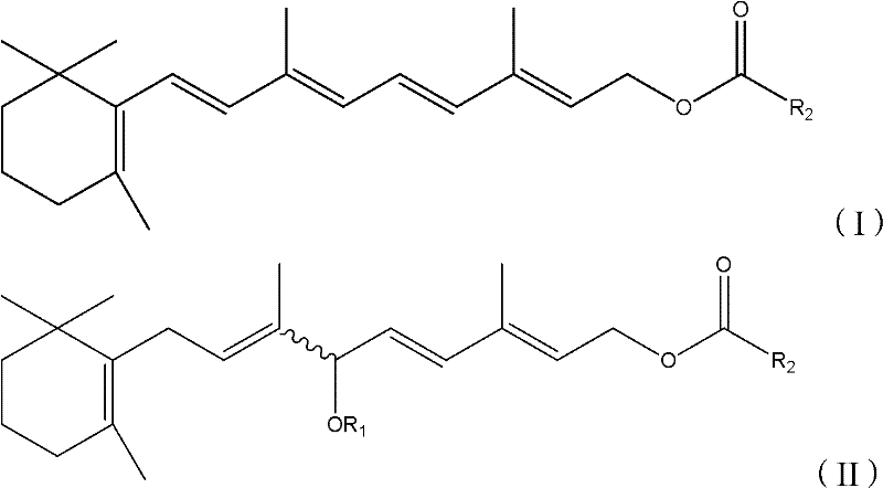 General reaction scheme showing the conversion of Vitamin A intermediate Formula II to derivative Formula I via dehydration