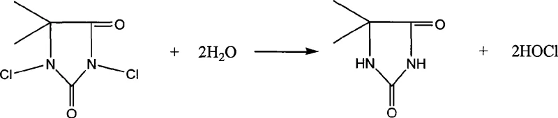 Hydrolysis mechanism of DCDMH releasing hypochlorous acid