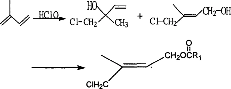 Reaction scheme showing the chlorohydrination of isoprene to form chlorohydrin adducts and subsequent conversion to the chloride intermediate
