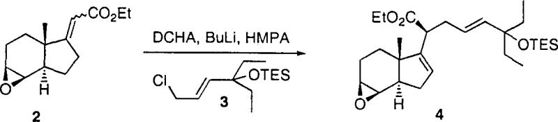 Stereoselective alkylation step showing the conversion of unsaturated ester 2 to epoxy ester 4 with introduction of chiral center