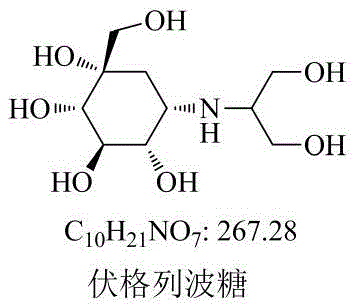 Chemical structure of Voglibose showing the core cyclohexane tetraol scaffold