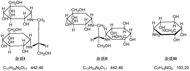 Chemical structures of Voglibose Impurities I, II, and III as defined in Chinese Pharmacopoeia 2020