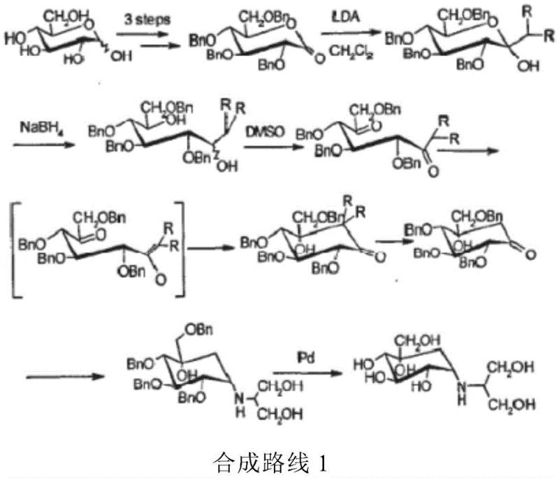 Conventional multi-step synthetic route for Voglibose showing complex protection and deprotection sequences