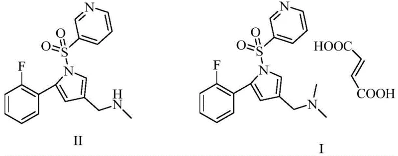 Synthesis route of Voranolan fumarate impurity using MOF catalyst showing conversion of Compound II to III and finally to Impurity I