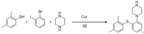 General reaction scheme showing the one-pot synthesis of Vortioxetine using CuI and organic base