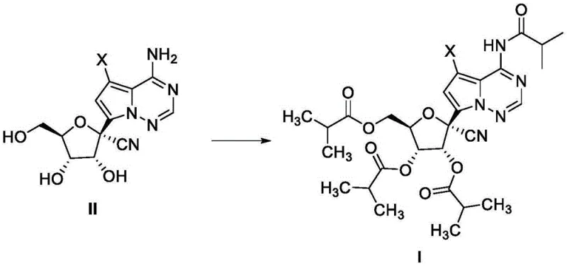 General reaction scheme for the preparation of tetraisobutyryl nucleoside analogs Formula I from Formula II