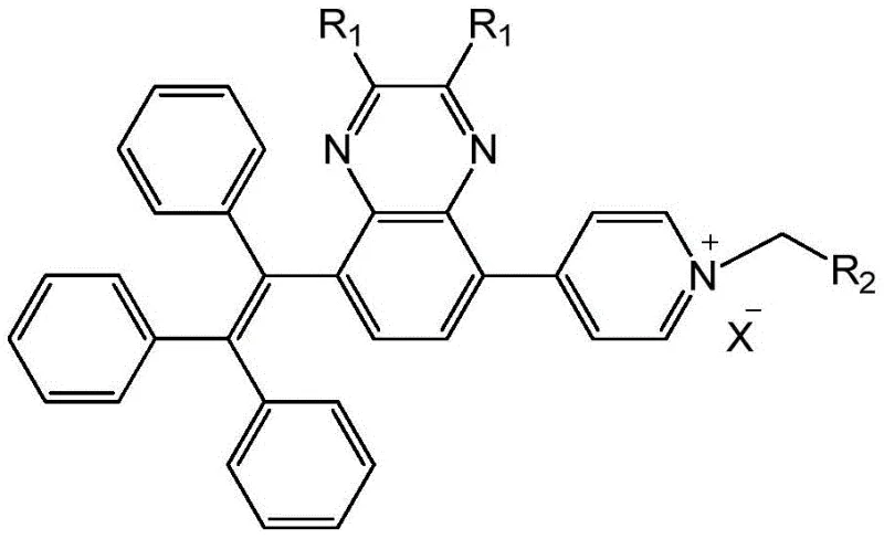 General chemical structure of the water-soluble AIE quinoxaline compound showing variable R1 and R2 substituents