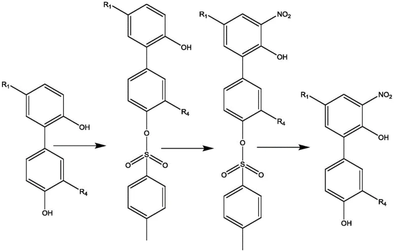 Reaction route for Honokiol derivative showing selective protection and nitration