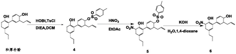 Detailed reaction scheme for preparing nitrated honokiol intermediate Compound 6