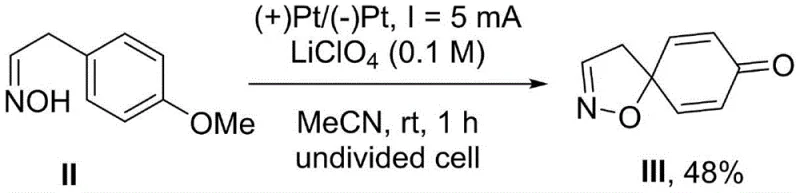 Electrochemical anodic oxidation step converting oxime to spiroisoxazoline intermediate