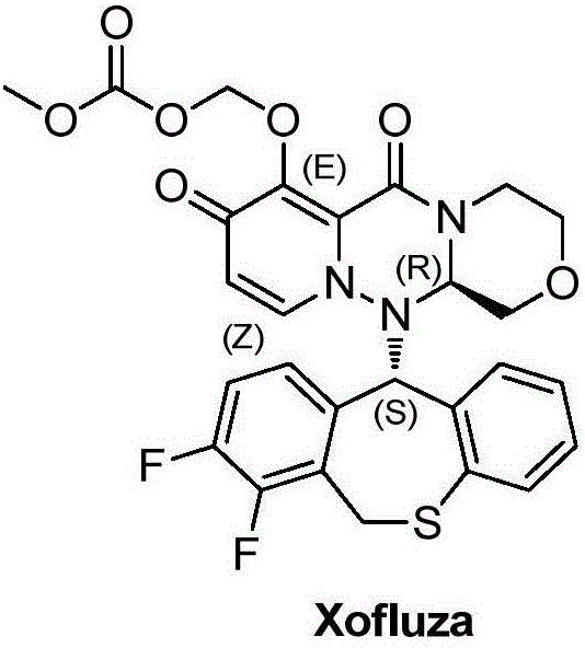 Chemical structure of Xofluza (baloxavir marboxil) showing the complex sulfur-containing heterocyclic core