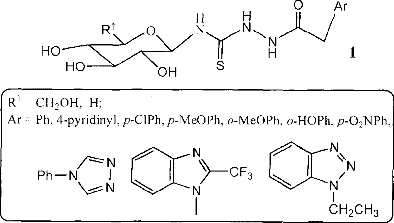 General chemical structure of xylosyl thiourea heterocyclic compounds with variable R groups and heterocyclic bases
