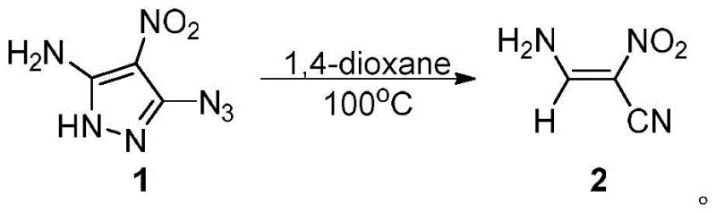 Reaction scheme showing thermal cracking of 5-amino-4-nitro-3-azido-1H-pyrazole to Z-3-amino-2-nitroacrylonitrile in 1,4-dioxane