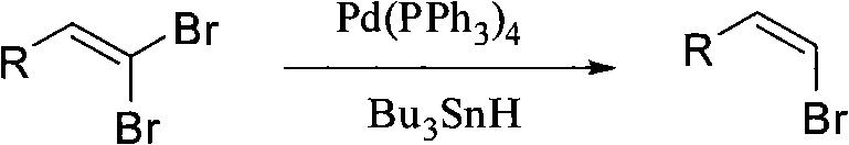 Prior art reaction scheme showing Pd-catalyzed reduction using toxic tin reagents