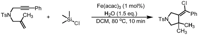 Reaction scheme showing iron-catalyzed synthesis of (Z)-azacycloalkenyl chloride from enyne substrate