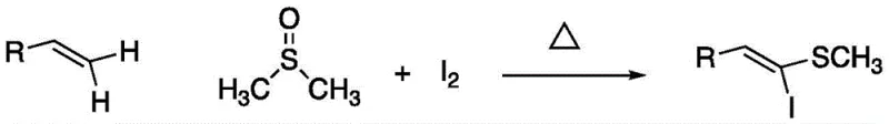 Core reaction scheme showing alkene reacting with sulfoxide and iodine to form Z-beta-iodo-beta-methylthio olefin