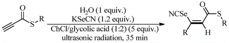 General reaction scheme showing the three-component addition of propyne thioester, KSeCN, and water catalyzed by DES under ultrasound