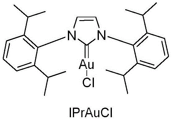 Chemical structure of the IPrAuCl gold catalyst used in the reaction