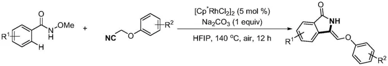 General reaction scheme showing Rh-catalyzed synthesis of Z-3-vinyl isoindolinones from N-methoxybenzamides and phenoxyacetonitriles